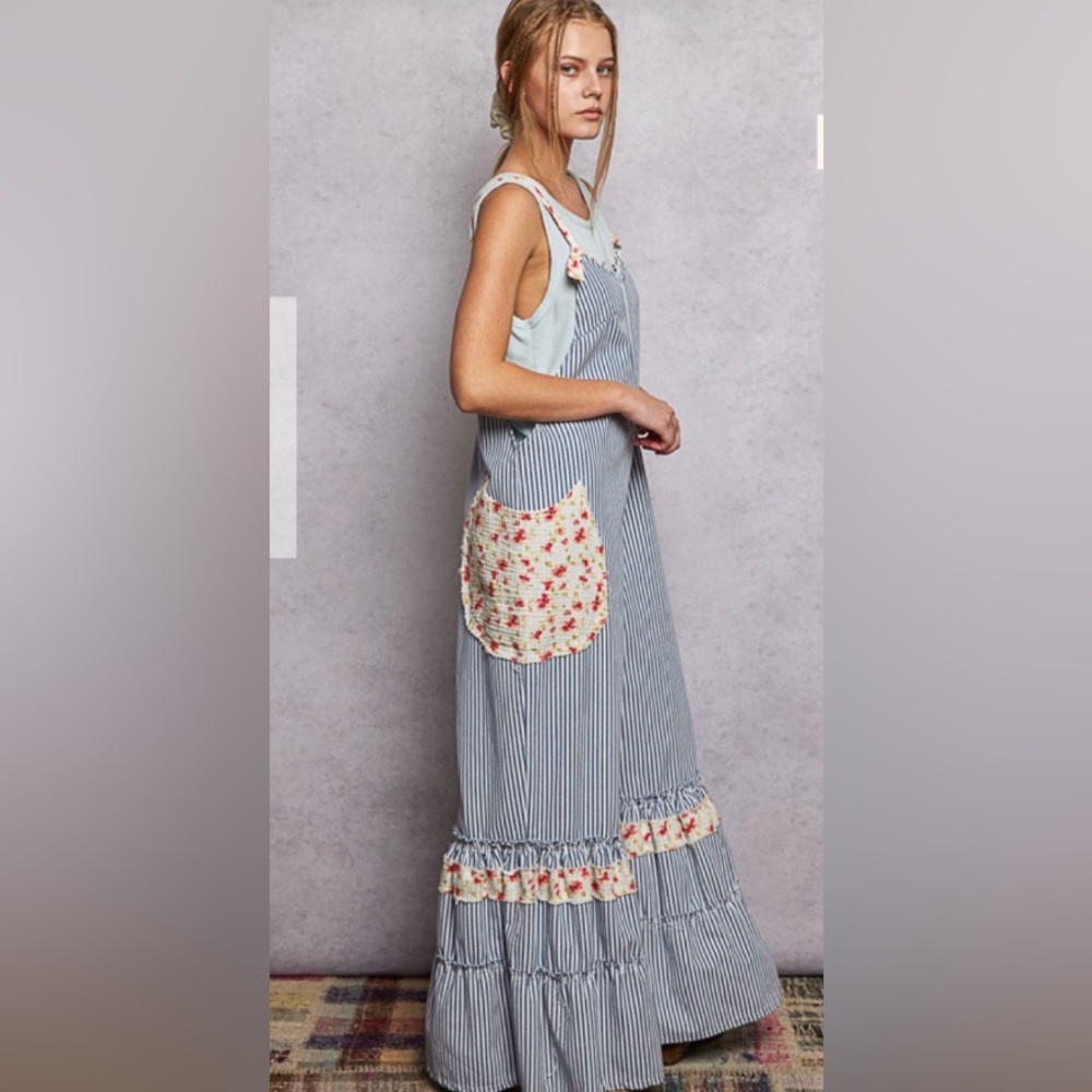 POL Striped Blue and White Wide Leg Ruffled Overalls with Floral Accents - Picture 2 of 6